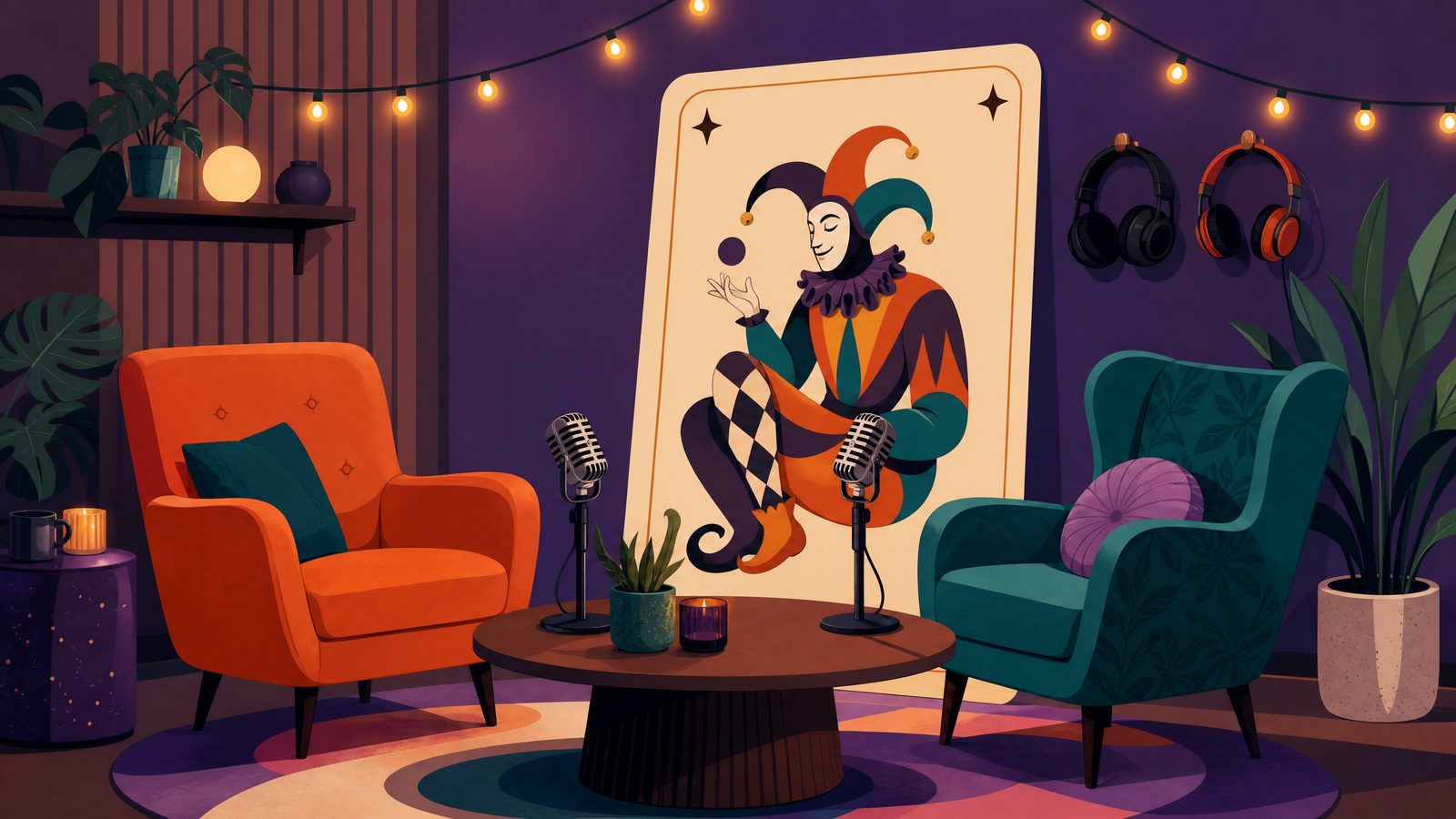 Illustration of the Deck & Banter studio with two armchairs, microphones and a giant jester playing card