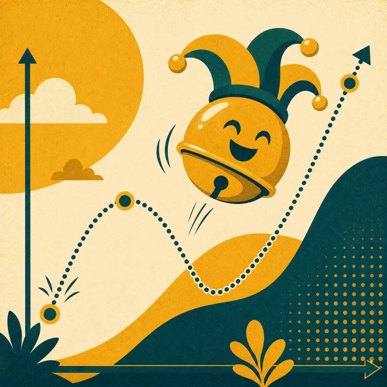 Bell Curve artwork — a smiling jester bell bouncing along a dotted arc toward an arrow