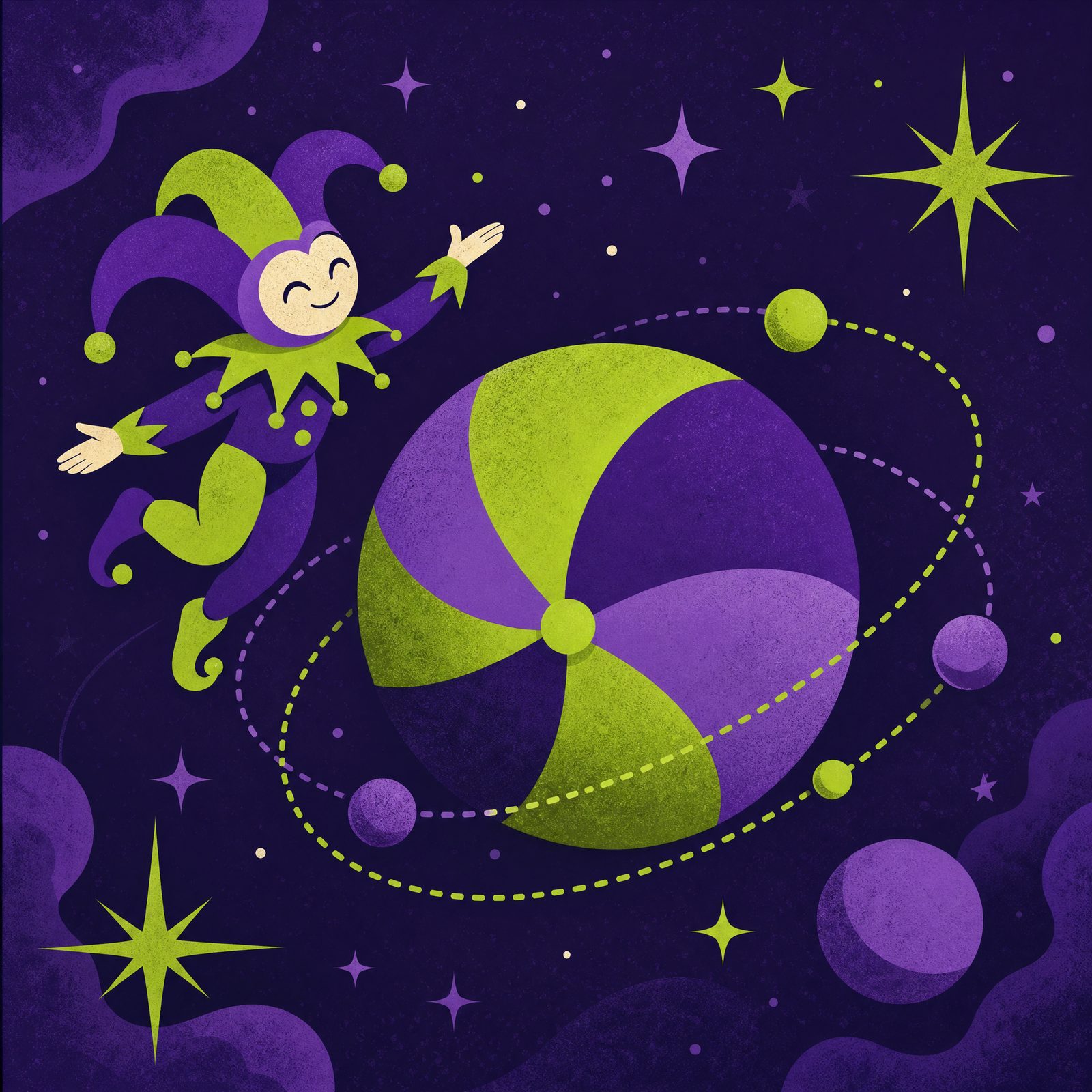 Fool's Orbit cover art — a tiny jester floating around a striped planet