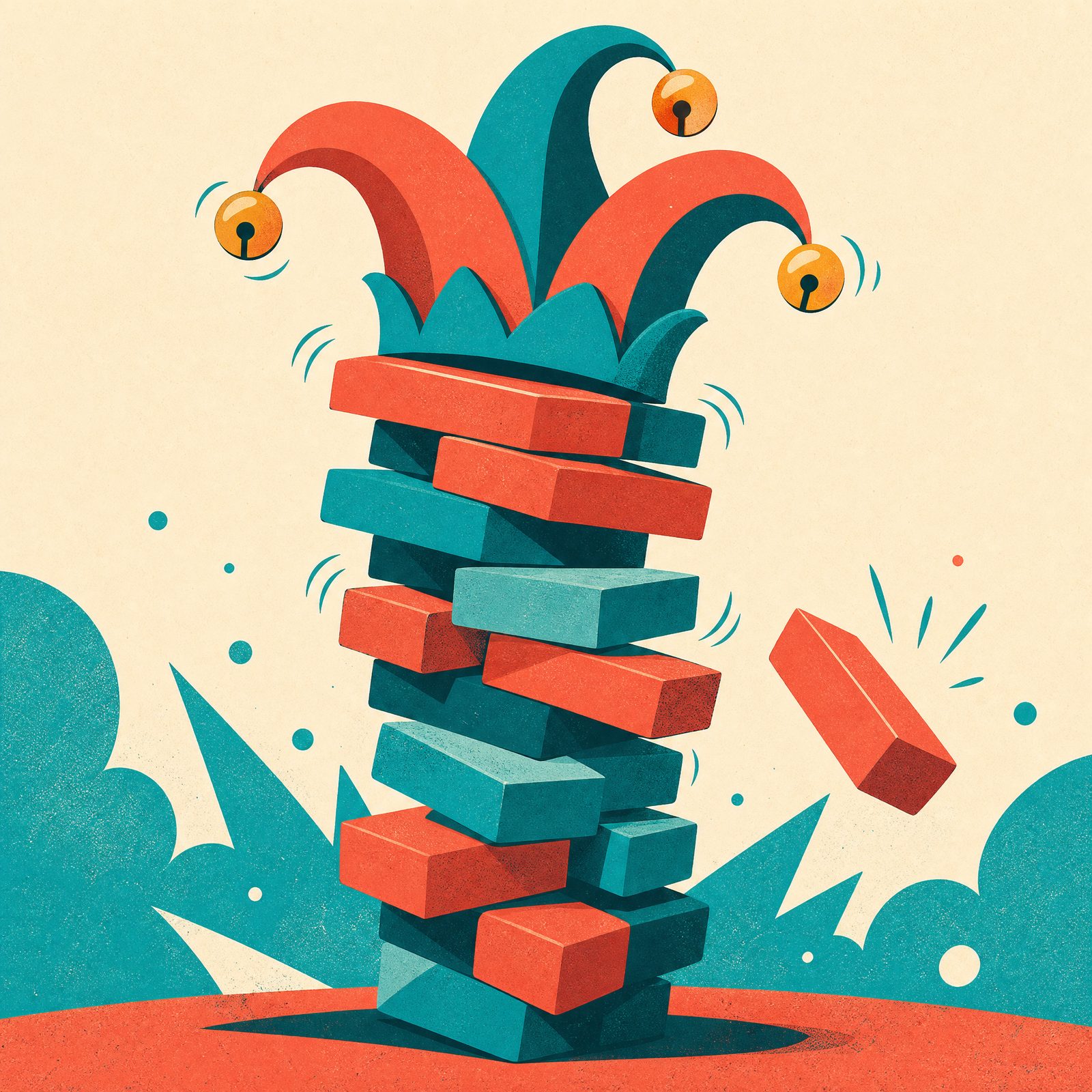 The Laughing Stack cover art — a wobbling tower of blocks topped with a jester hat