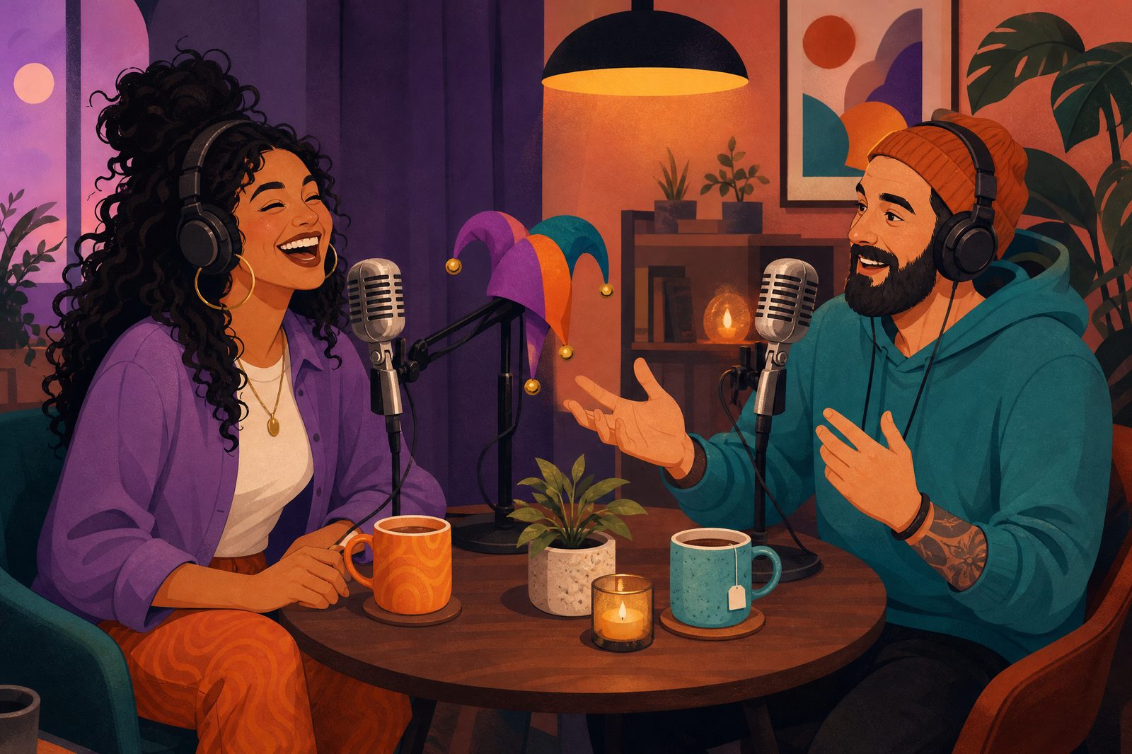 Illustration of Zoe and Tom recording an episode at a round table with microphones and mugs of tea